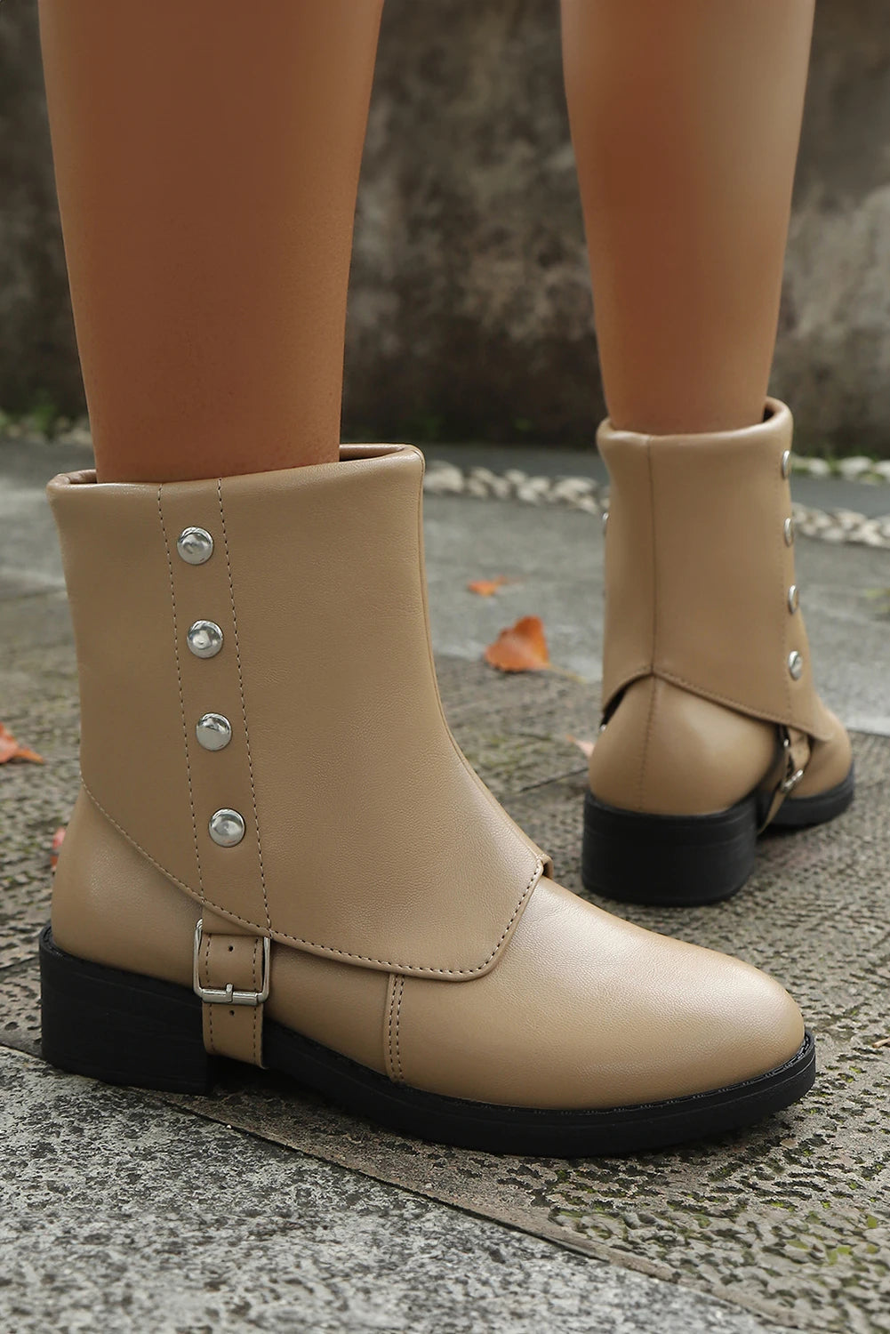 Light French Beige Faux Leather Studded Overlap Mid Calf Boots