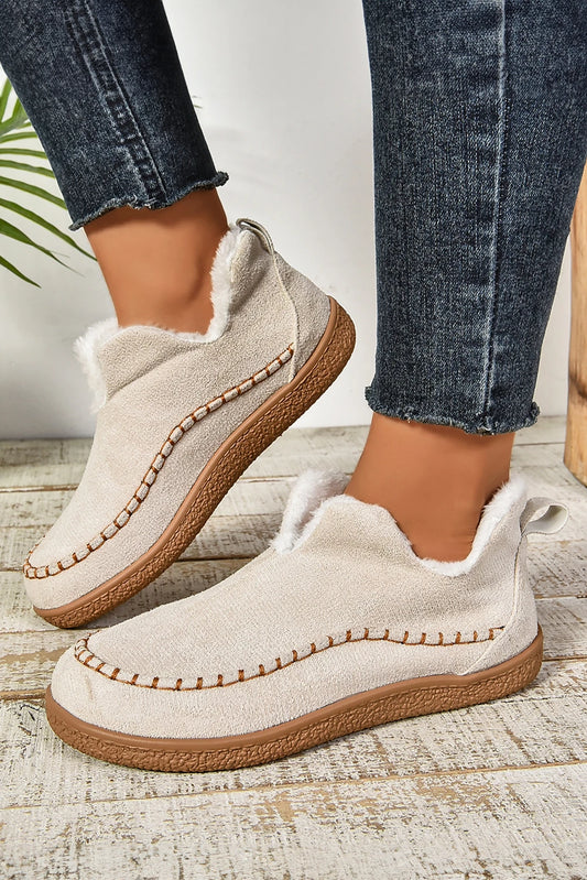 White Faux Suede Plush Lining Slip On Winter Boots