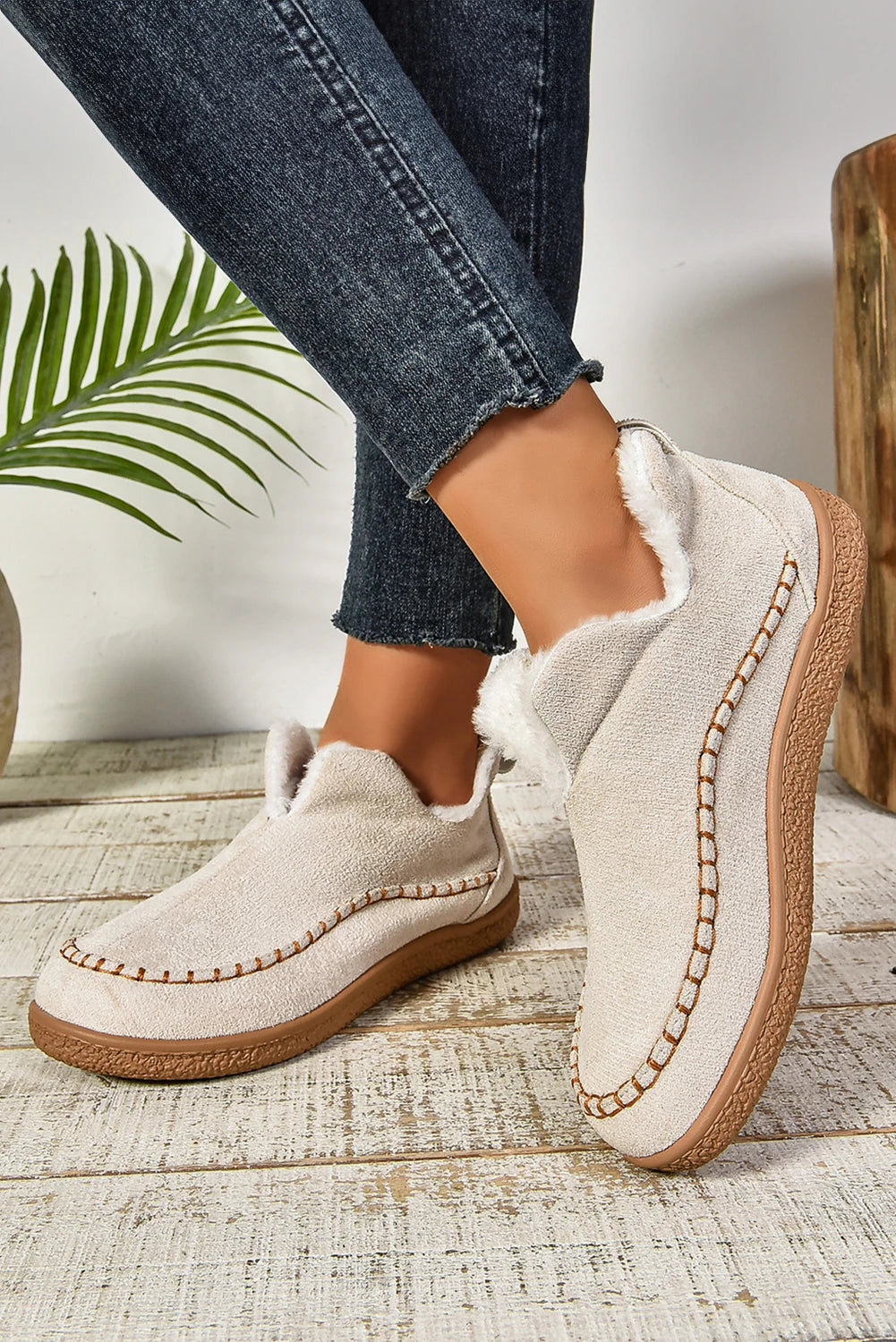 White Faux Suede Plush Lining Slip On Winter Boots