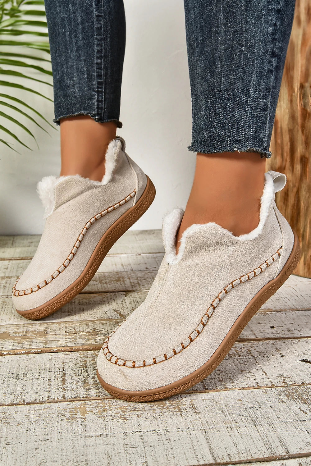 White Faux Suede Plush Lining Slip On Winter Boots