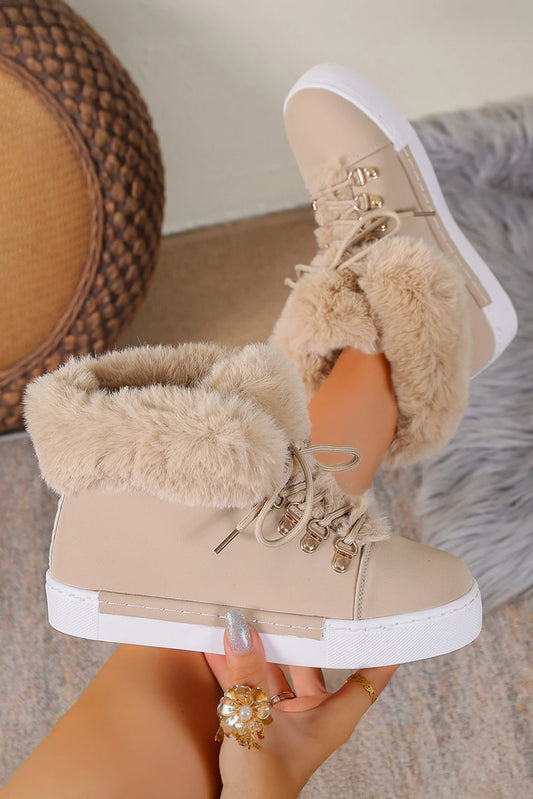 White Faux Fur Lined High-Top Lace Up Winter Boots