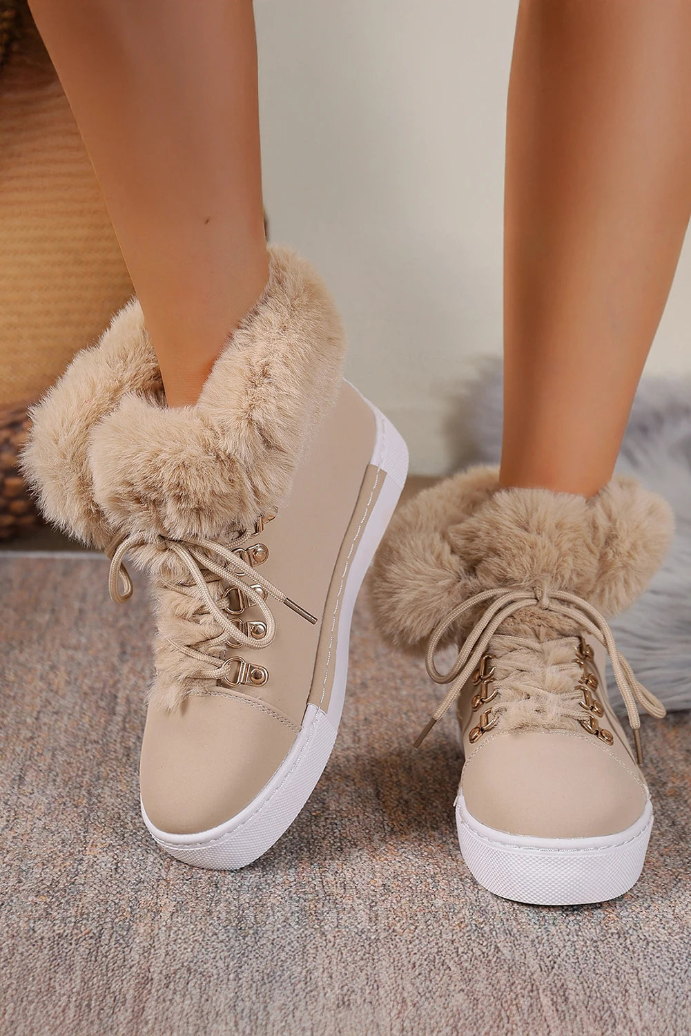 White Faux Fur Lined High-Top Lace Up Winter Boots