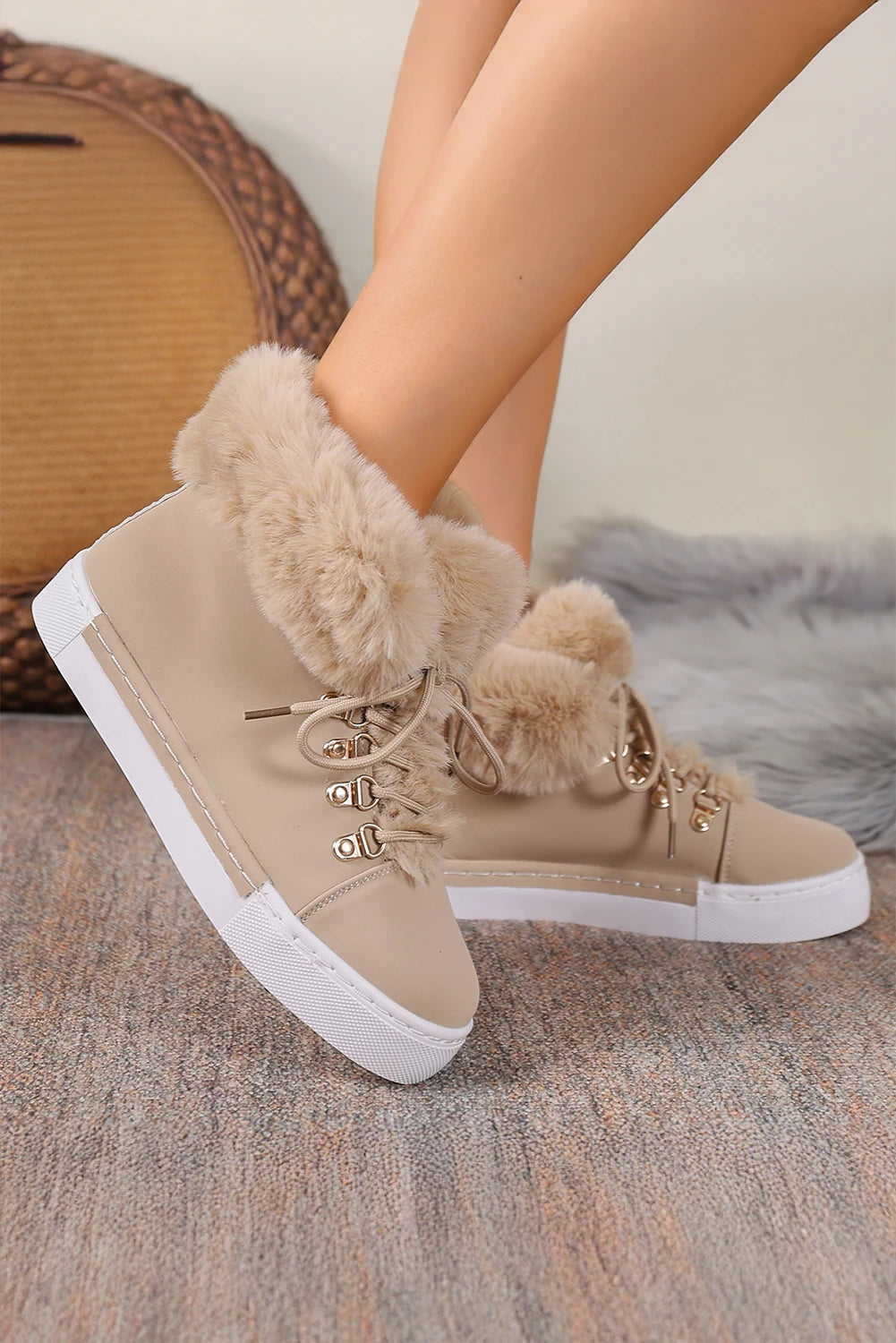 White Faux Fur Lined High-Top Lace Up Winter Boots
