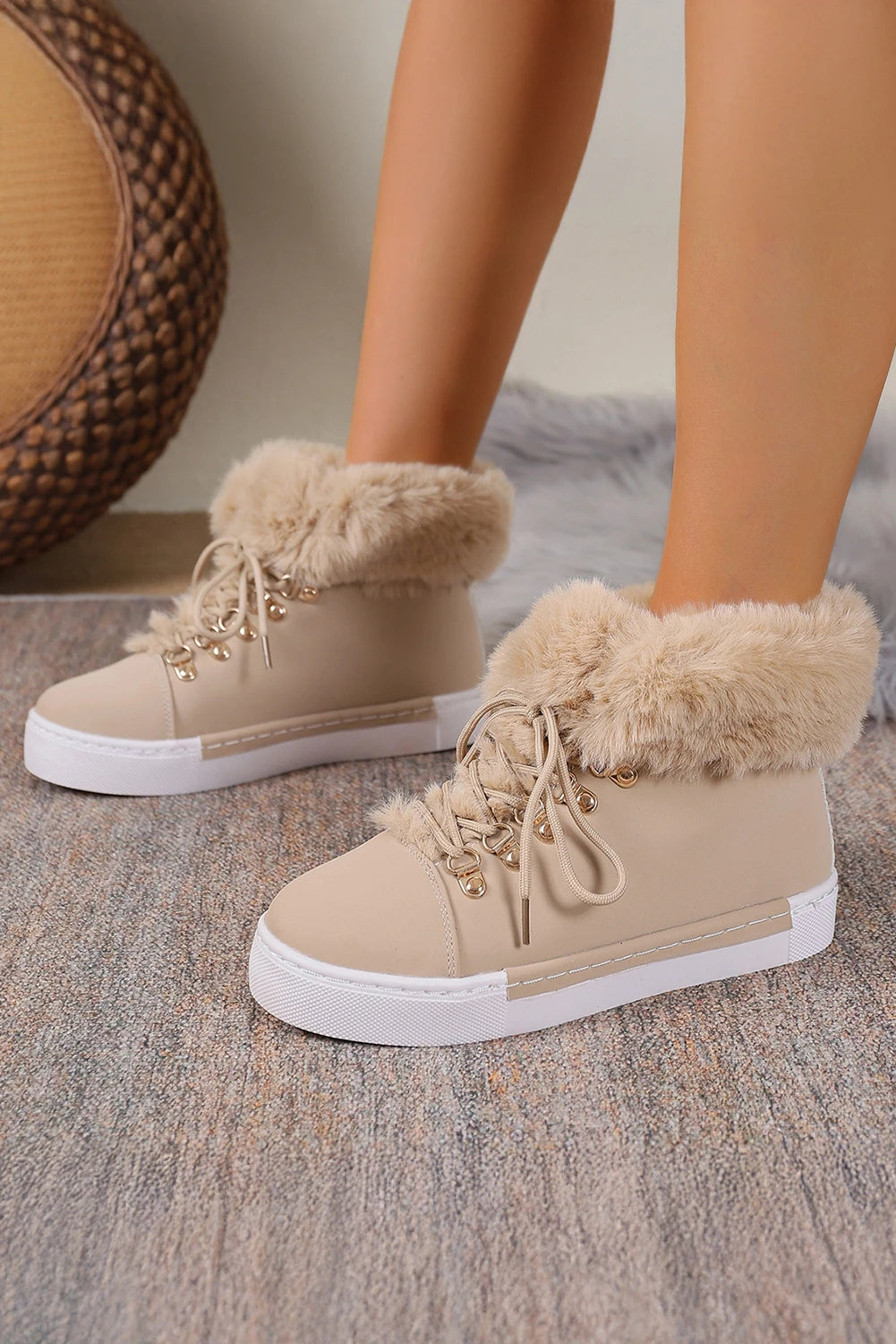 White Faux Fur Lined High-Top Lace Up Winter Boots