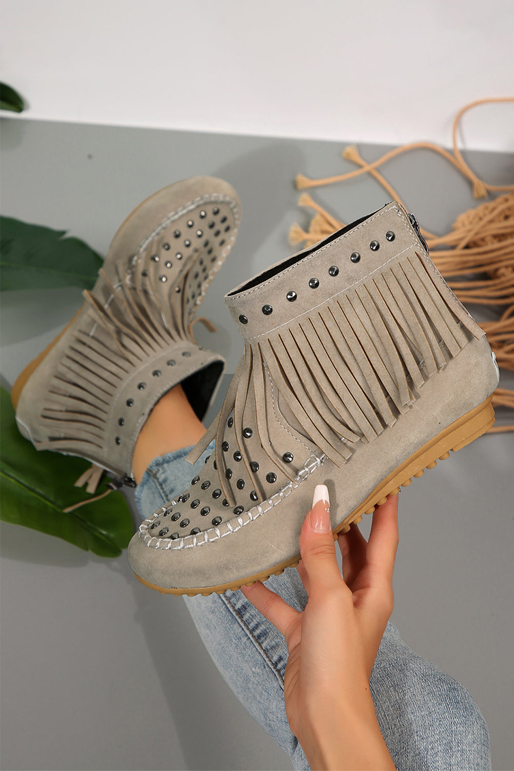 Dark Grey Faux Suede Retro Fringe Studded Boots
