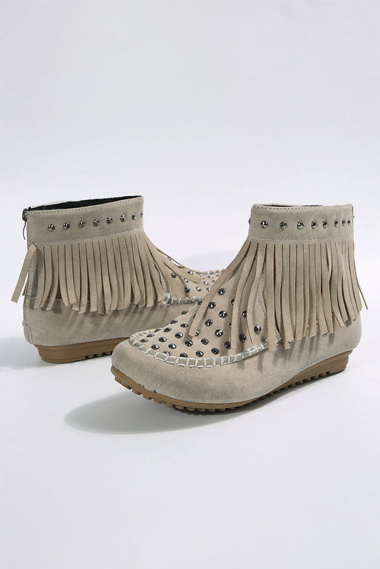 Dark Grey Faux Suede Retro Fringe Studded Boots