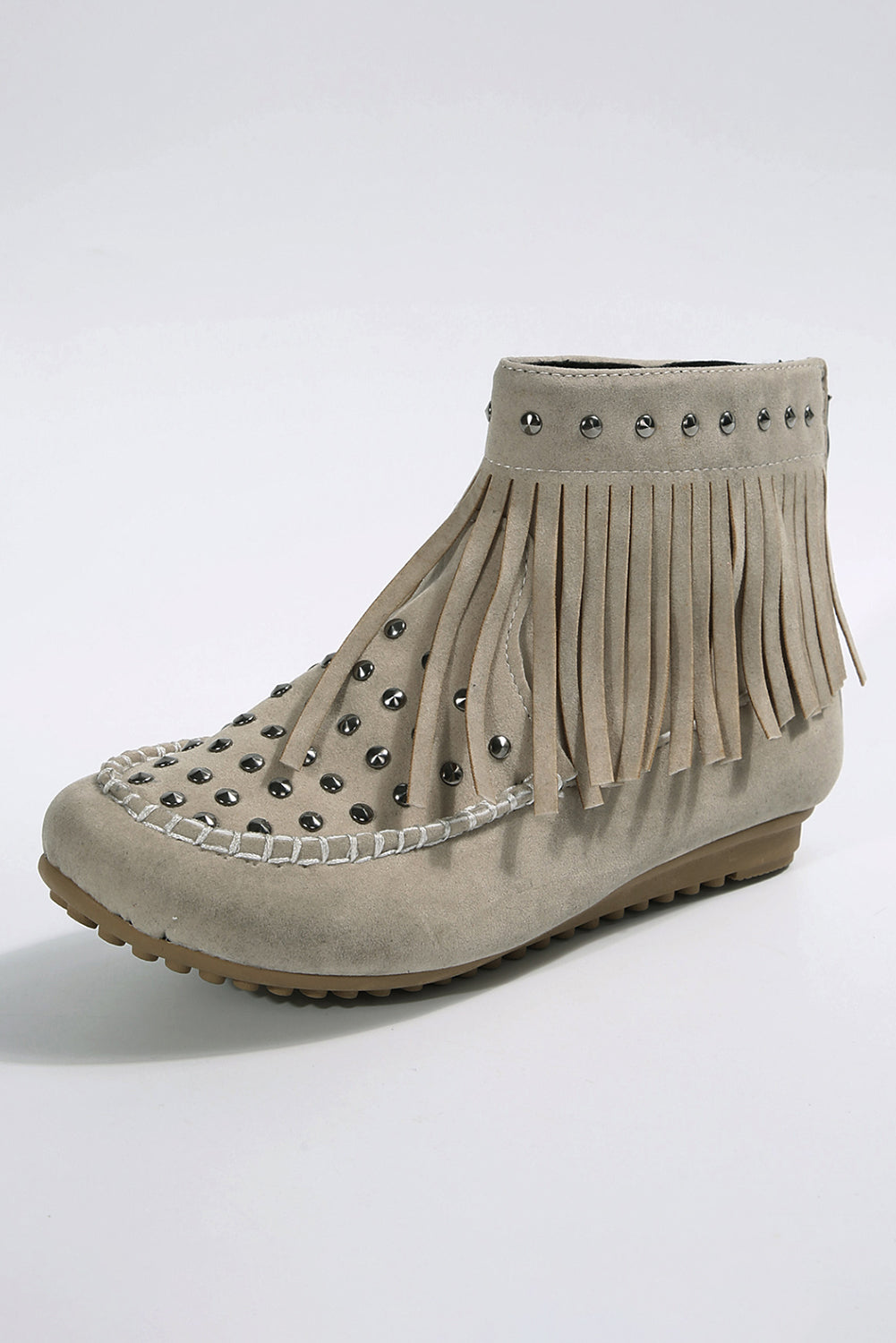 Dark Grey Faux Suede Retro Fringe Studded Boots