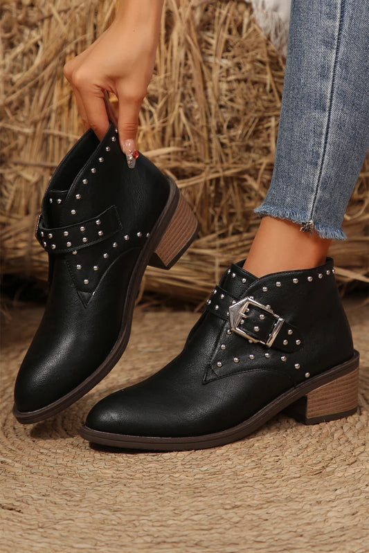 Black Spike Heel Pointed Toe Faux Leather Ankle Boots