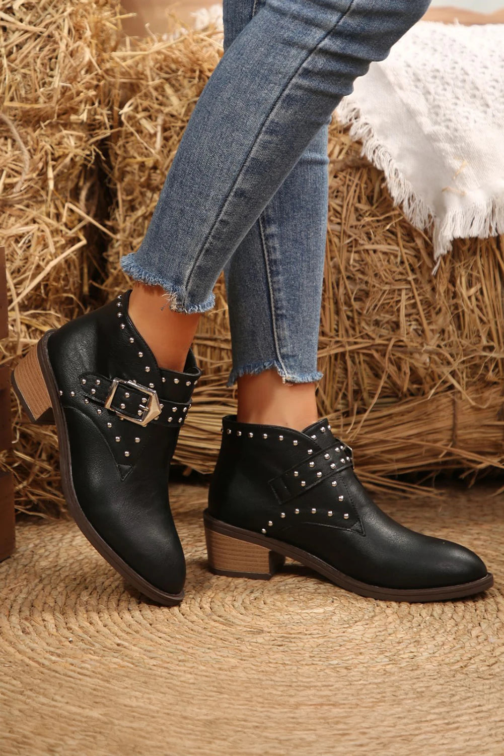Black Spike Heel Pointed Toe Faux Leather Ankle Boots