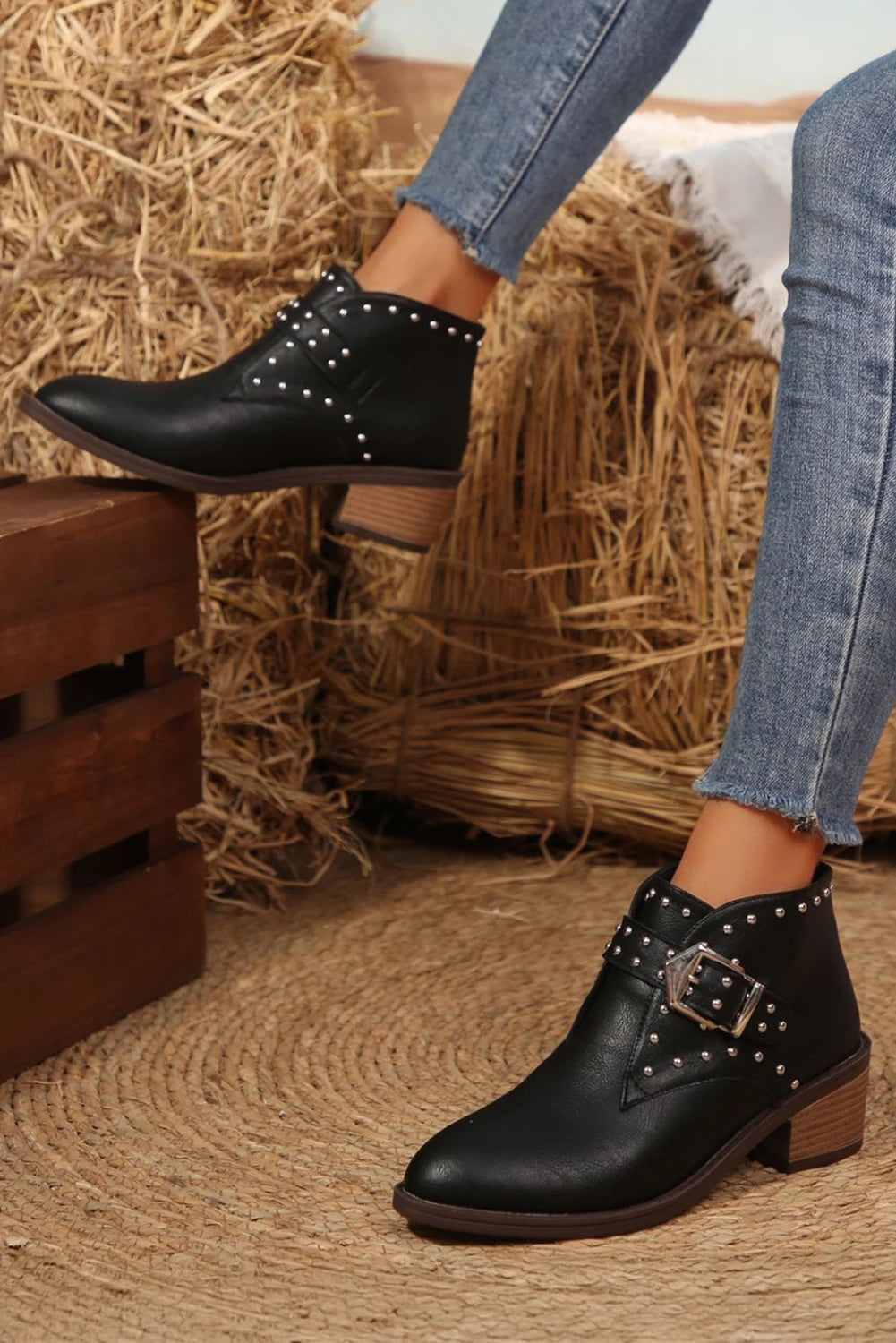 Black Spike Heel Pointed Toe Faux Leather Ankle Boots