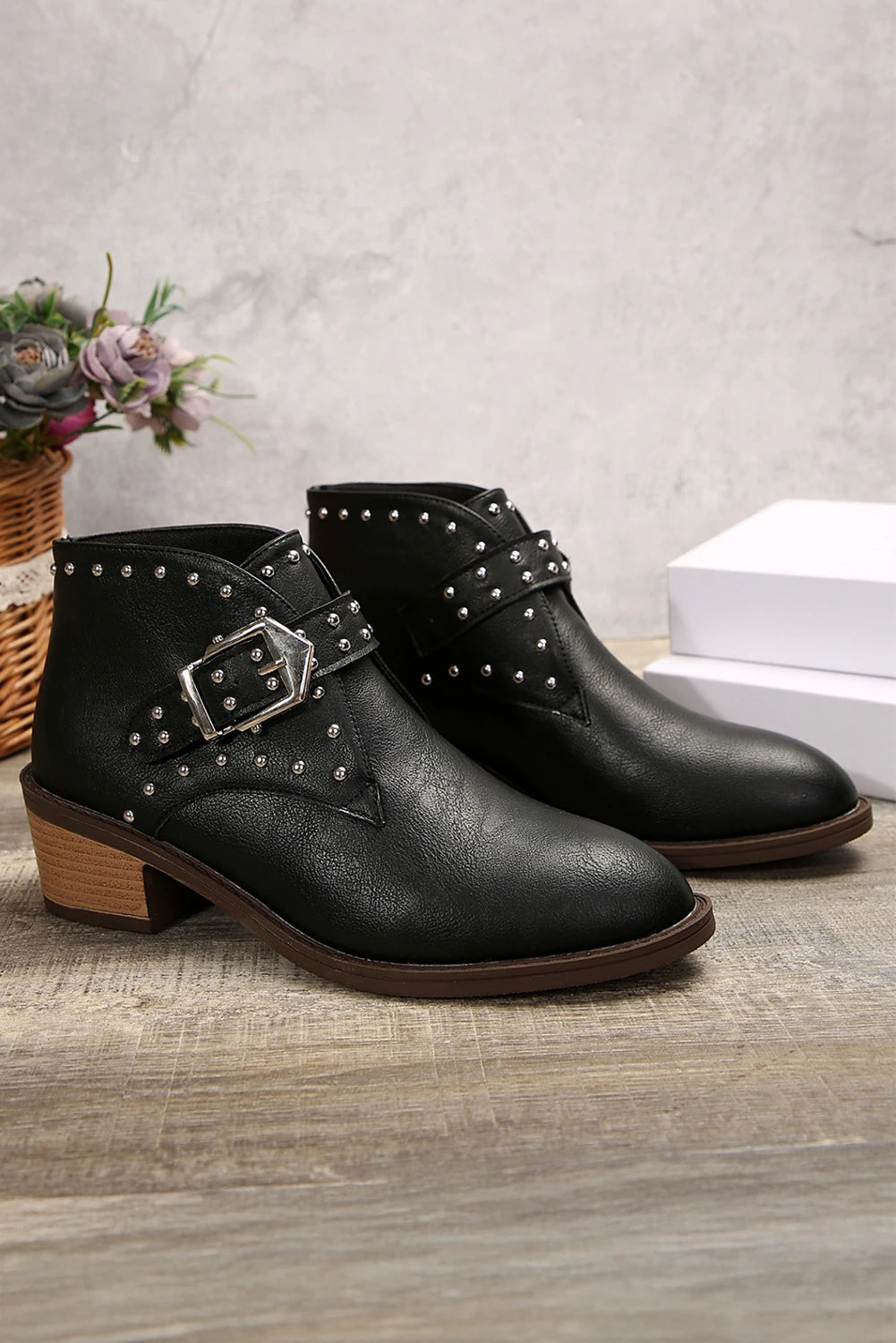 Black Spike Heel Pointed Toe Faux Leather Ankle Boots