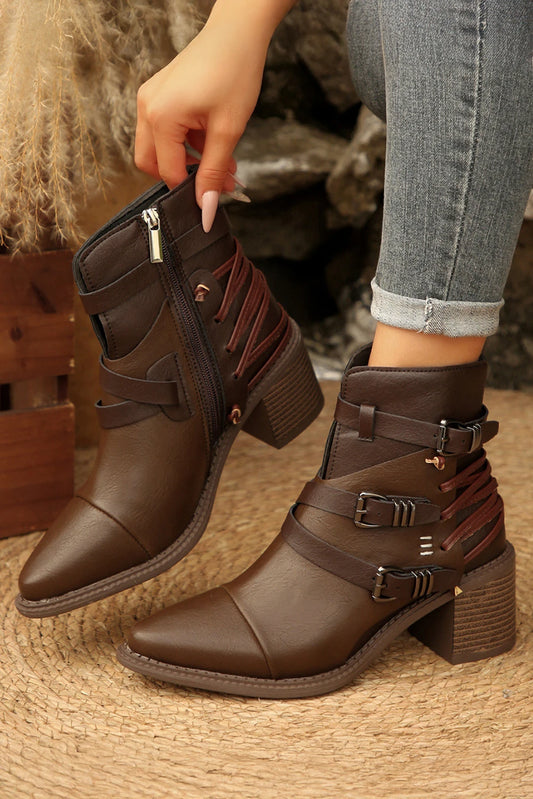 Coffee Faux Leather Color Block Patchwork Lace Up Buckle Detail Boots