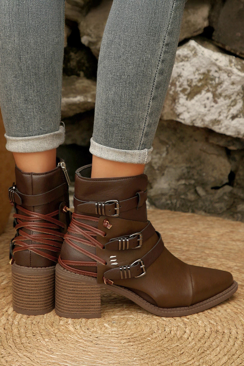 Coffee Faux Leather Color Block Patchwork Lace Up Buckle Detail Boots