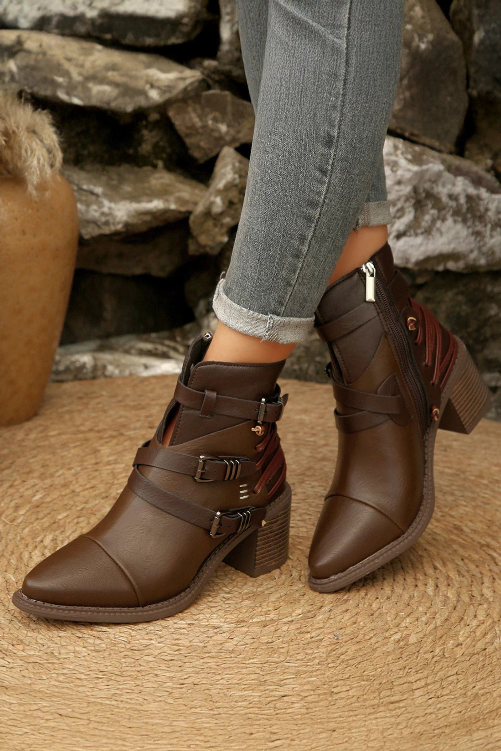 Coffee Faux Leather Color Block Patchwork Lace Up Buckle Detail Boots