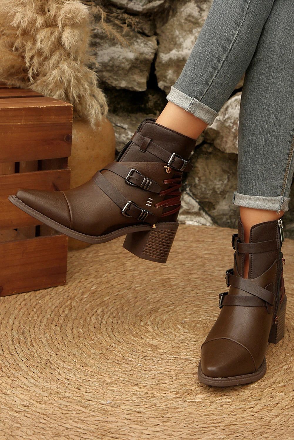 Coffee Faux Leather Color Block Patchwork Lace Up Buckle Detail Boots