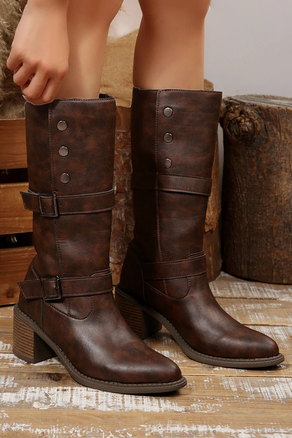 Chestnut Double Buckle Studded Detail Faux Leather Block Heel Boots