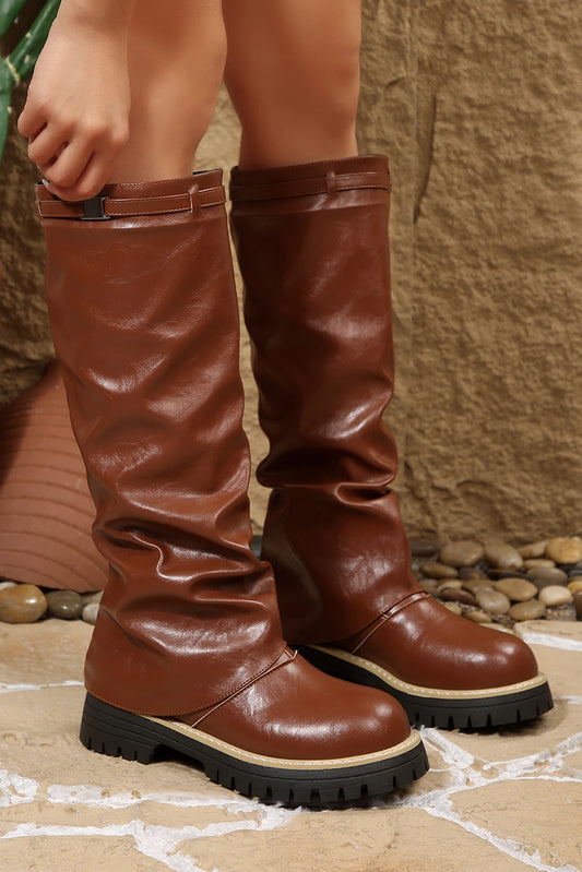 Coffee PU Leather Belted Detail Knee High Boots