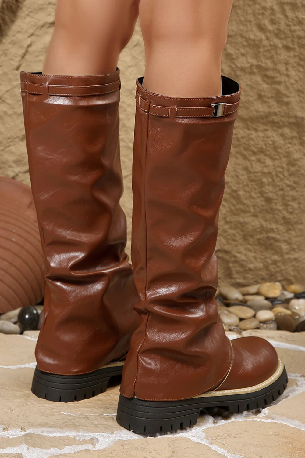 Coffee PU Leather Belted Detail Knee High Boots