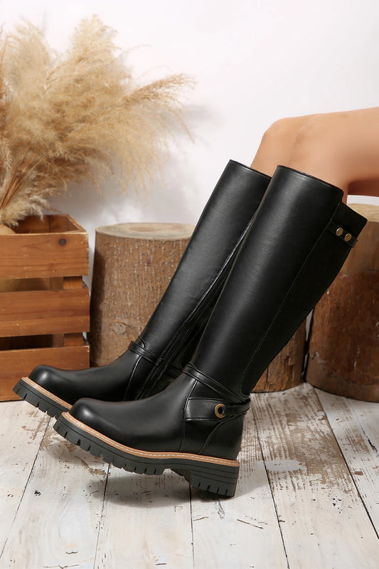 Black PU Leather Ribbed Patchwork Studded Strap Zip Up Knee High Boots
