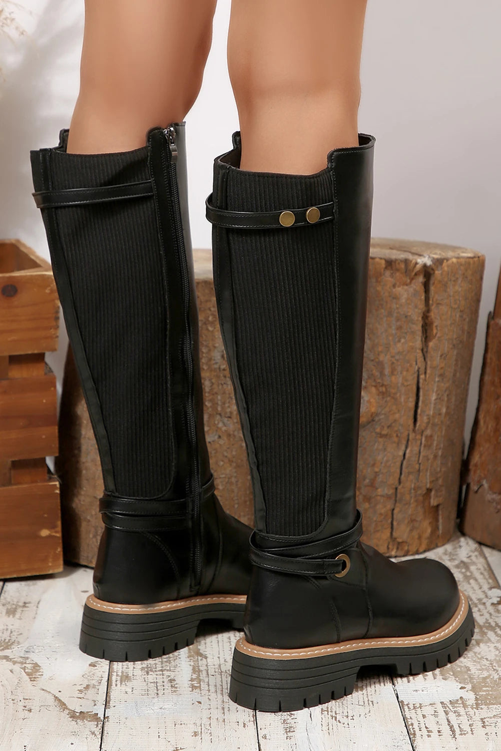 Black PU Leather Ribbed Patchwork Studded Strap Zip Up Knee High Boots