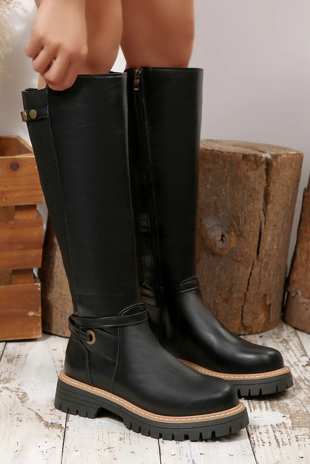 Black PU Leather Ribbed Patchwork Studded Strap Zip Up Knee High Boots