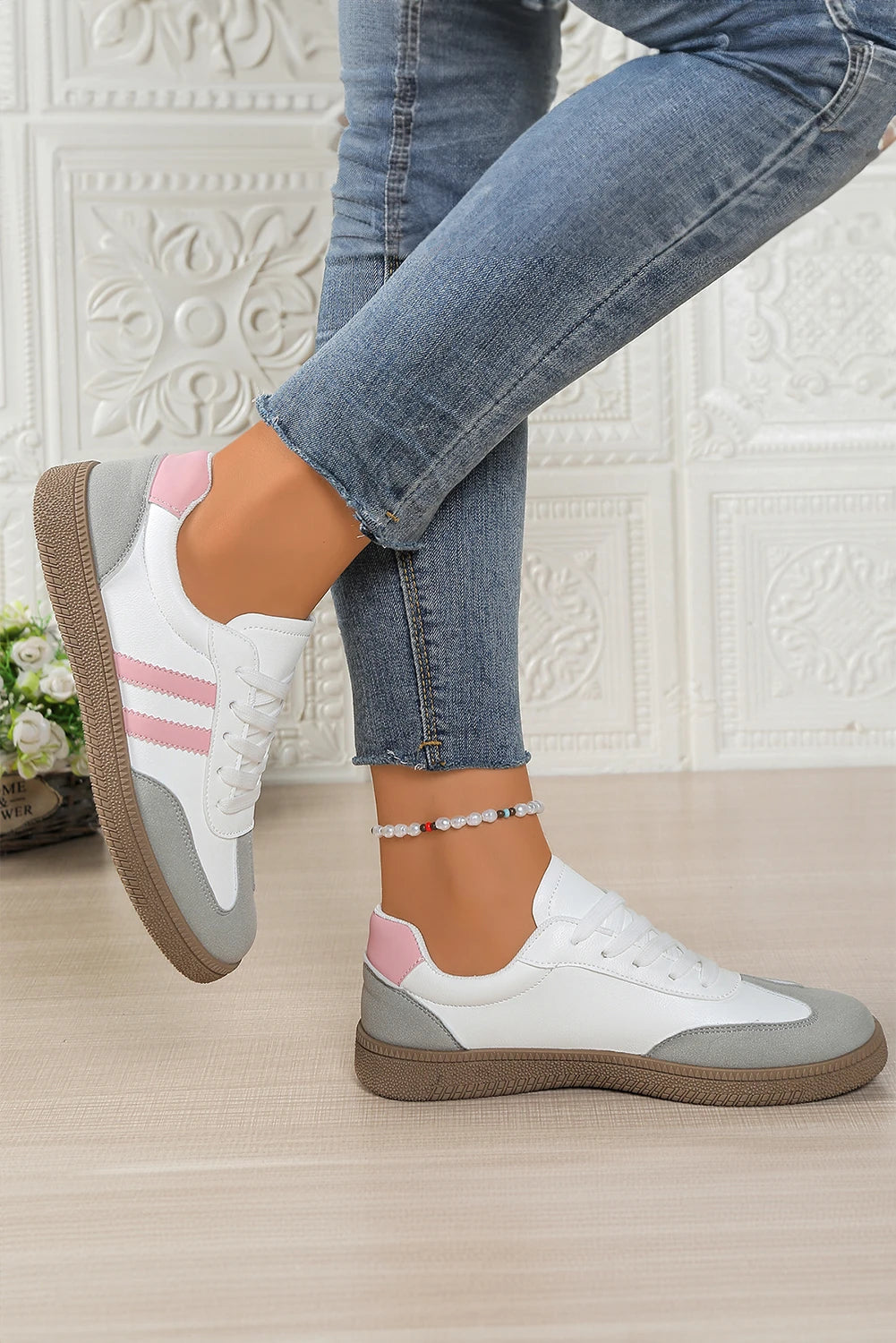 Pink Color Block PU Leather Patchwork Lace Up Flat Shoes