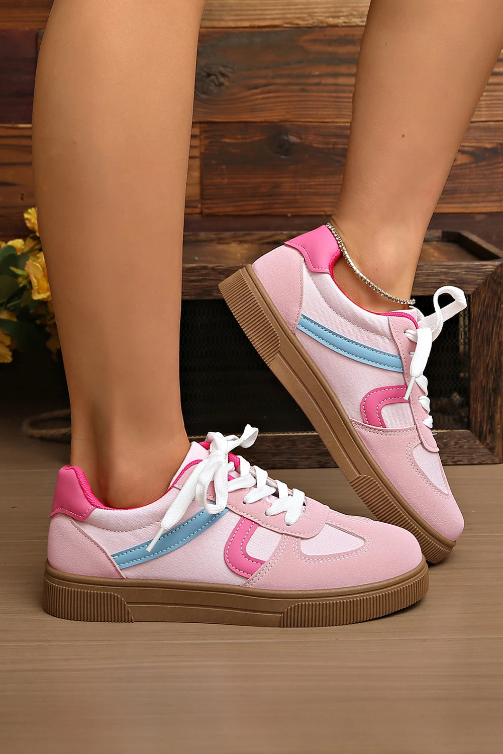 Pink Color Block PU Leather Patchwork Lace Up Flat Shoes