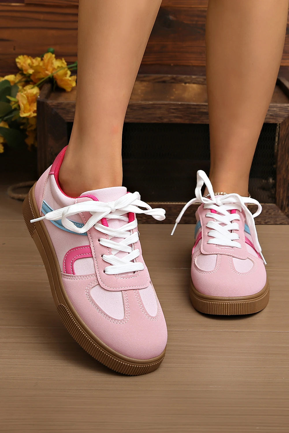 Pink Color Block PU Leather Patchwork Lace Up Flat Shoes
