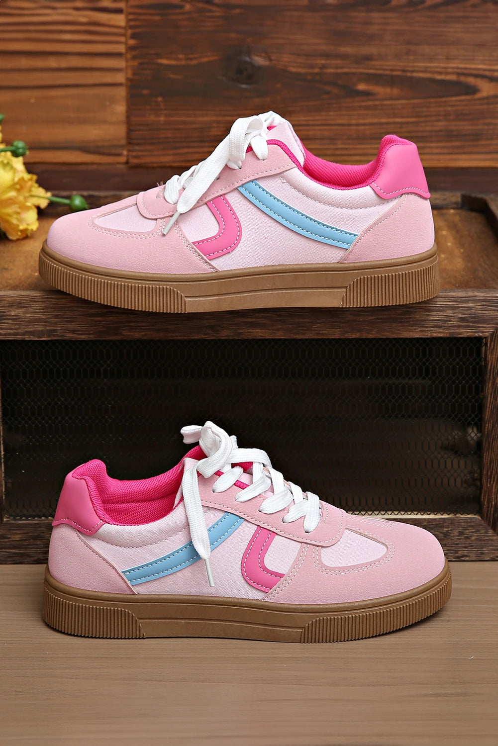 Pink Color Block PU Leather Patchwork Lace Up Flat Shoes