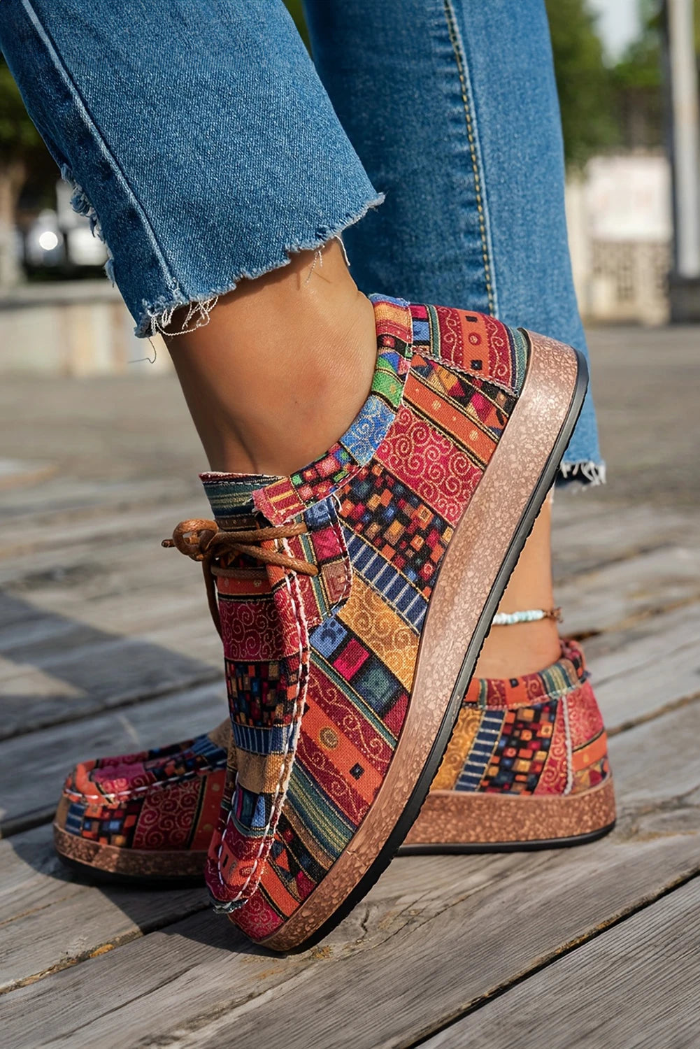 Chestnut Leopard Faux Suede Lace-up Decor Slip On Shoes