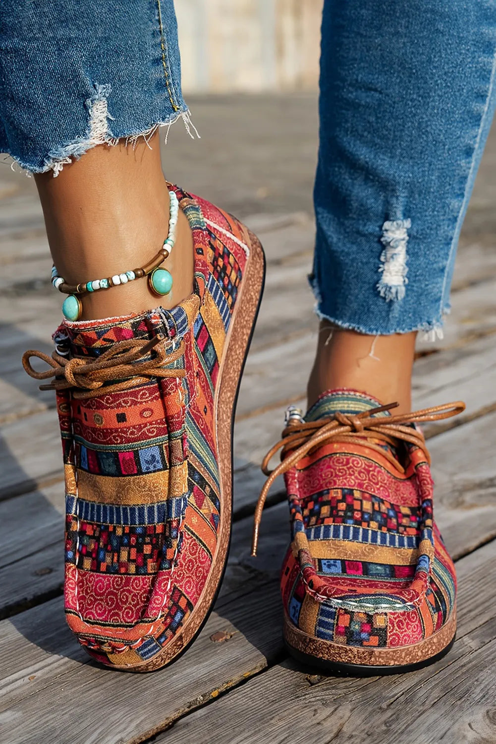Chestnut Leopard Faux Suede Lace-up Decor Slip On Shoes