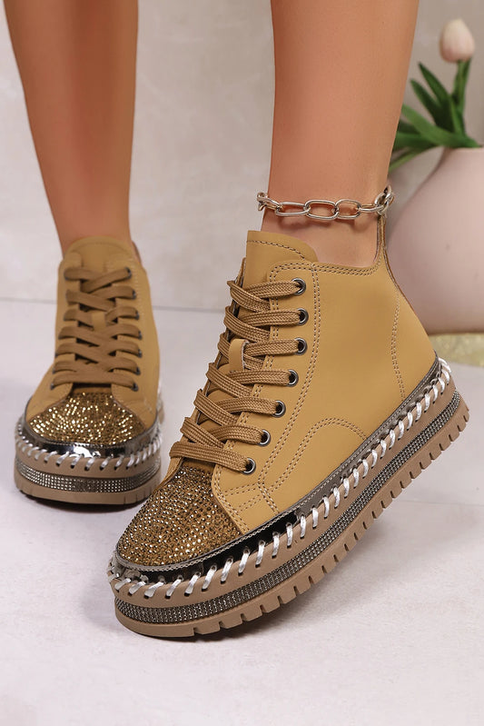 Brown Contrast Stitch Rhinestone Embellished PU Leather Lace-Up Shoes