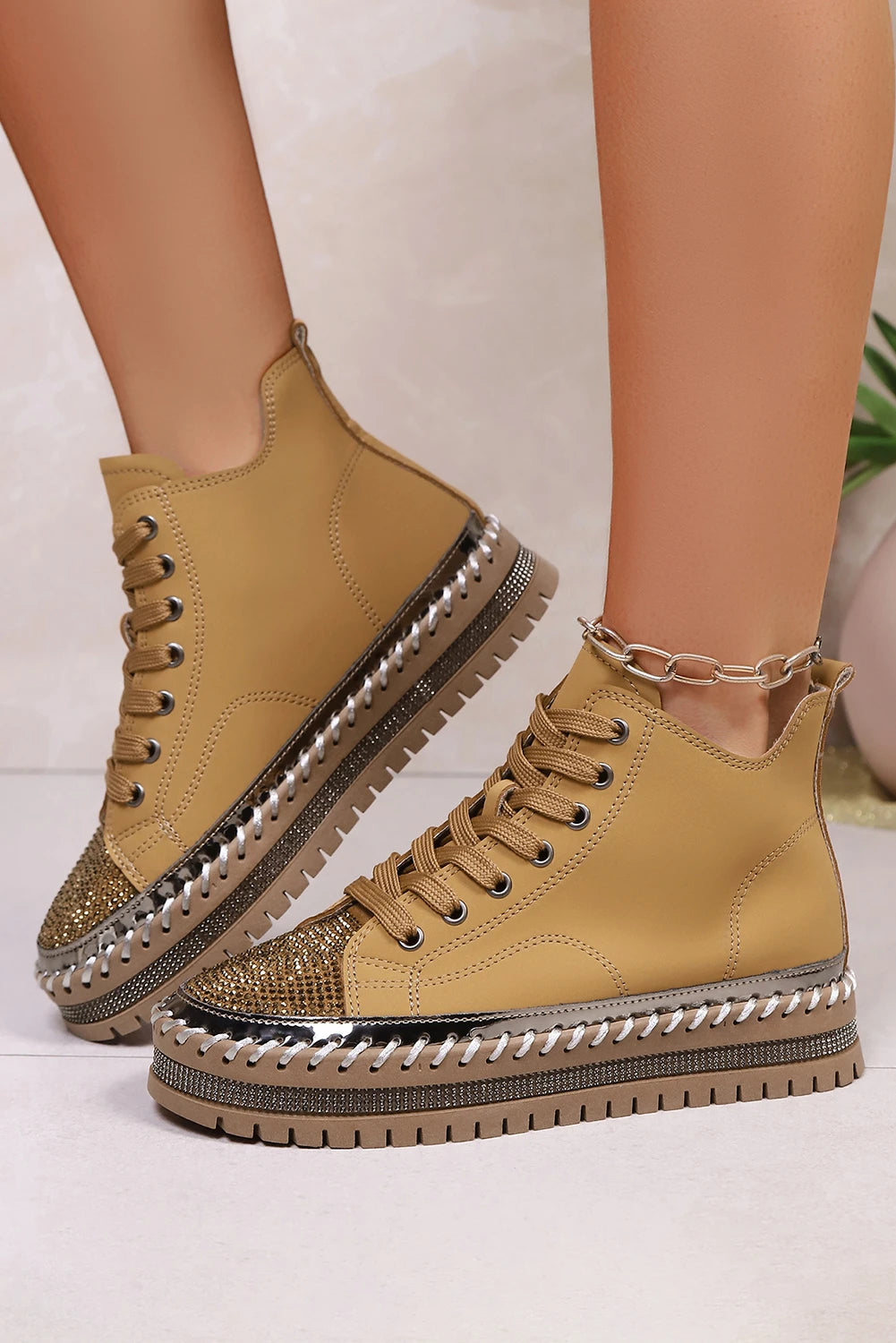 Brown Contrast Stitch Rhinestone Embellished PU Leather Lace-Up Shoes