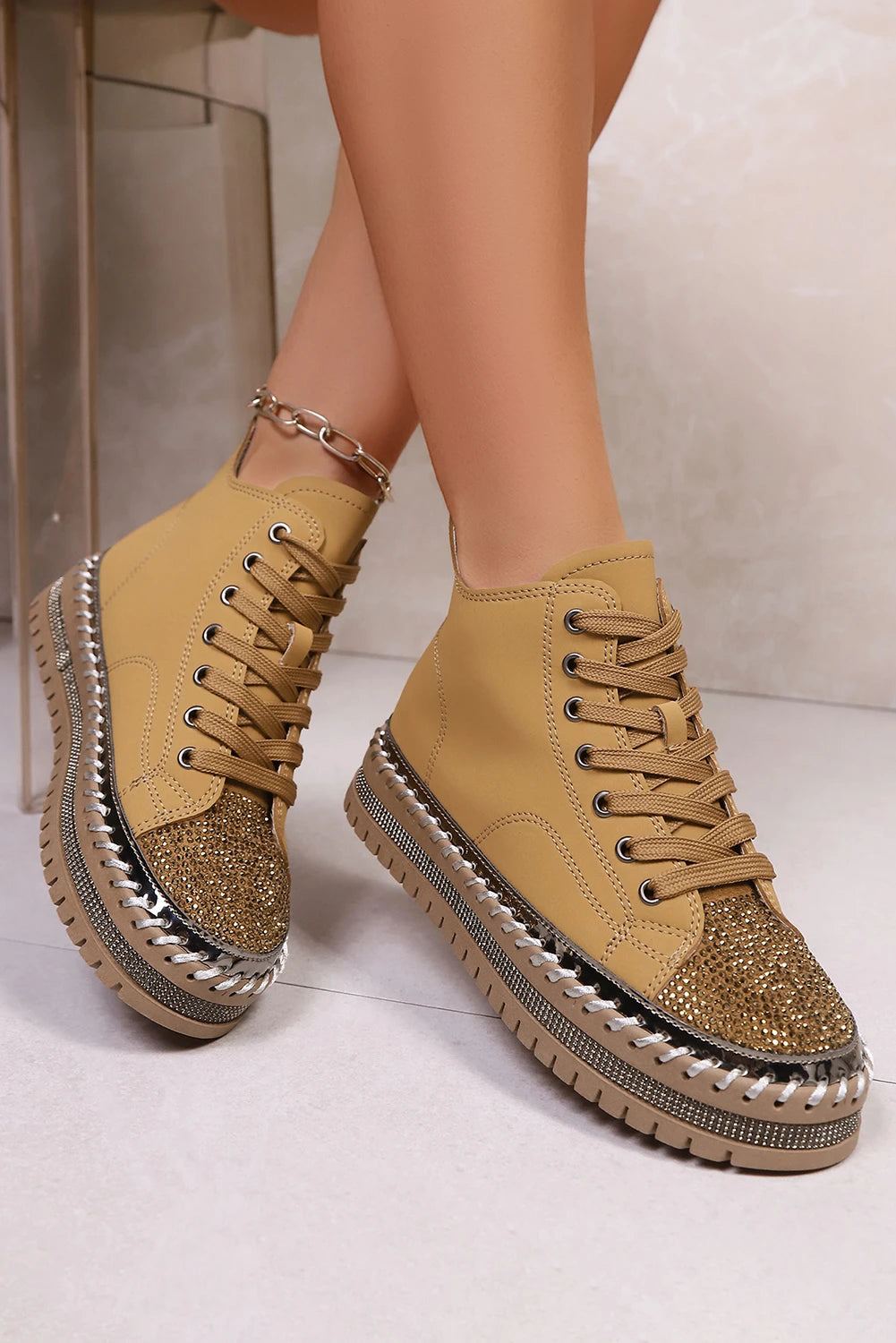 Brown Contrast Stitch Rhinestone Embellished PU Leather Lace-Up Shoes