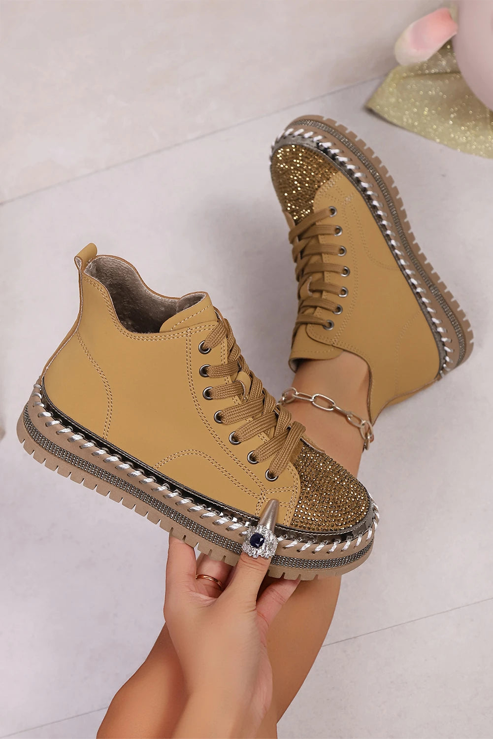 Brown Contrast Stitch Rhinestone Embellished PU Leather Lace-Up Shoes