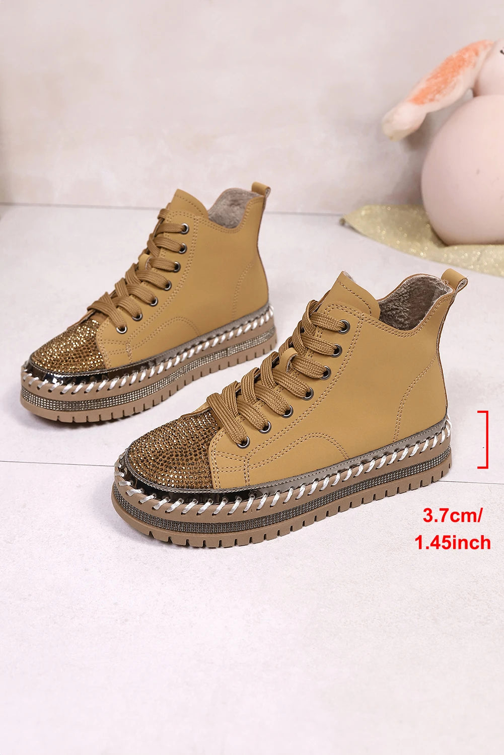 Brown Contrast Stitch Rhinestone Embellished PU Leather Lace-Up Shoes
