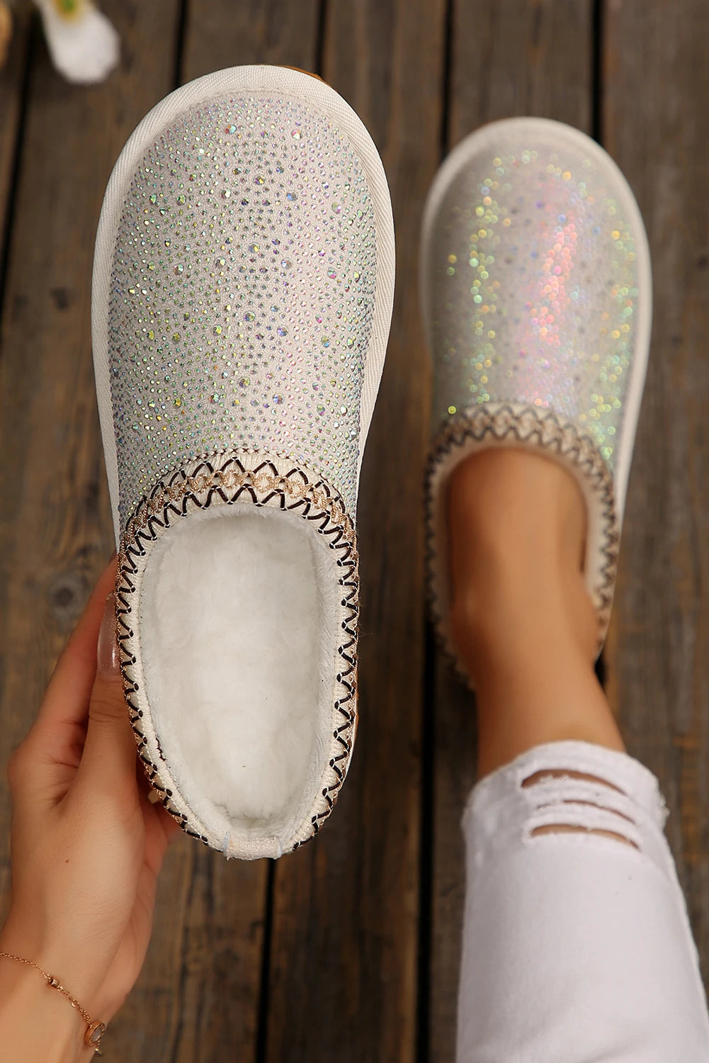 White Embroidered Trim Sequined Winter Flat Slip On Shoes