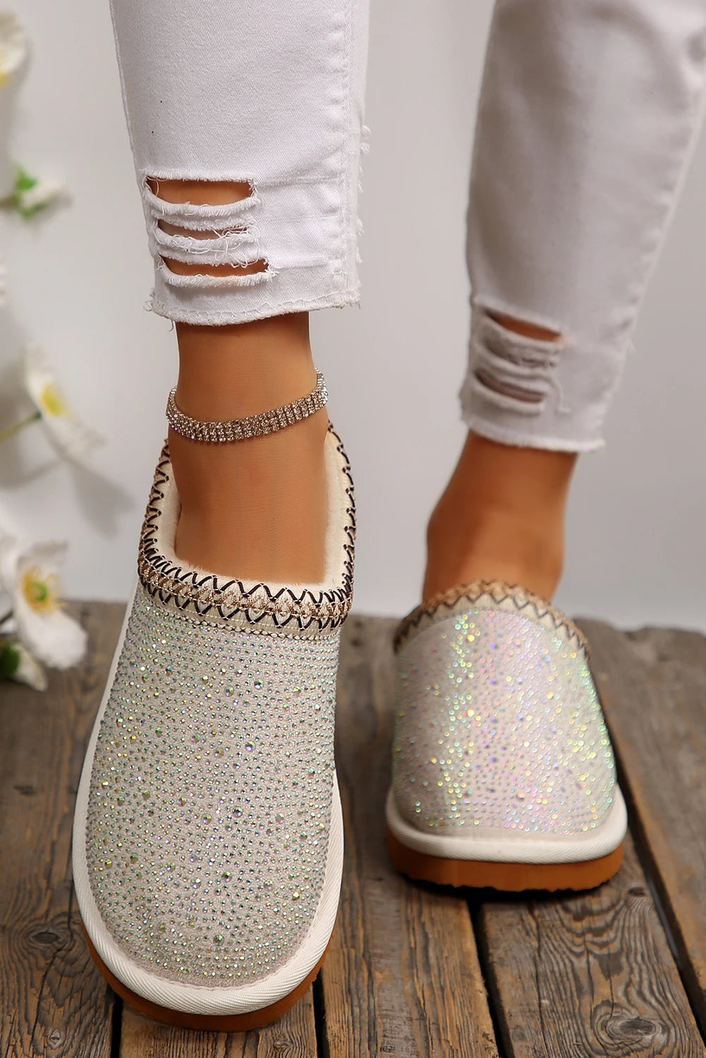 White Embroidered Trim Sequined Winter Flat Slip On Shoes