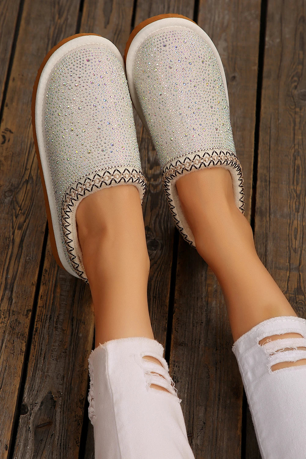 White Embroidered Trim Sequined Winter Flat Slip On Shoes