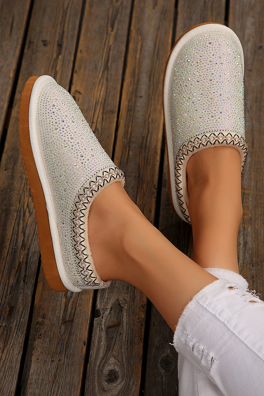 White Embroidered Trim Sequined Winter Flat Slip On Shoes