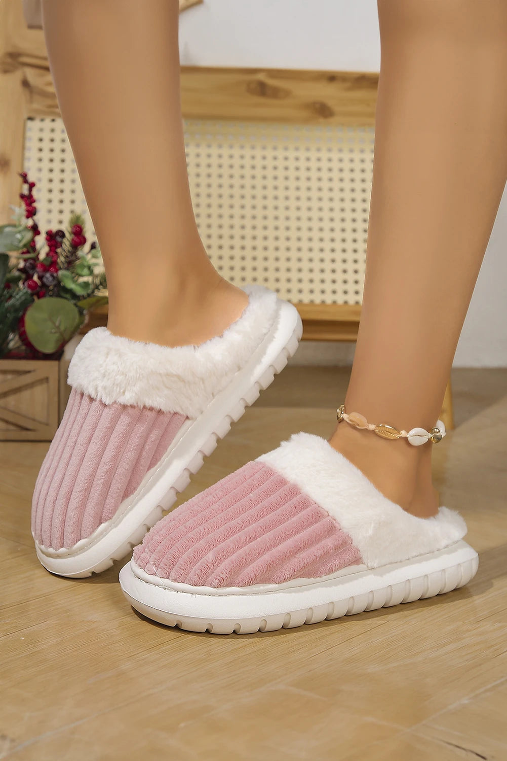 Dark Grey Ribbed Plush Color Block Winter Slippers