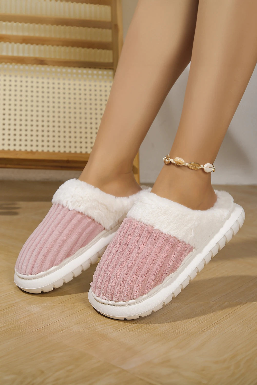 Dark Grey Ribbed Plush Color Block Winter Slippers