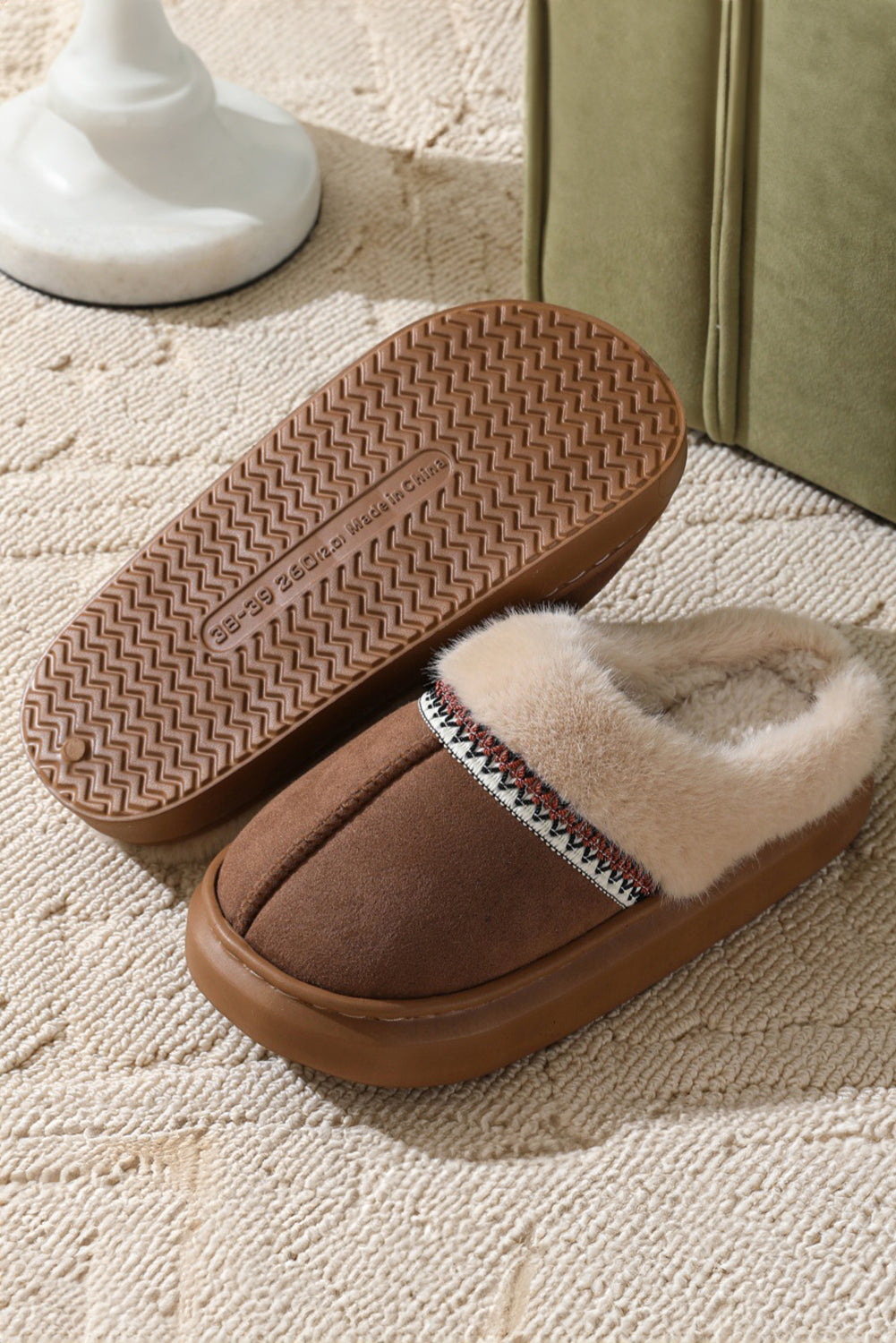 Coffee Western Woven Detail Faux Suede Furry Home Slippers