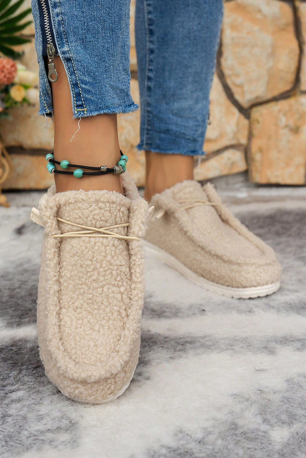 White Lace Up Detail Slip On Sherpa Shoes