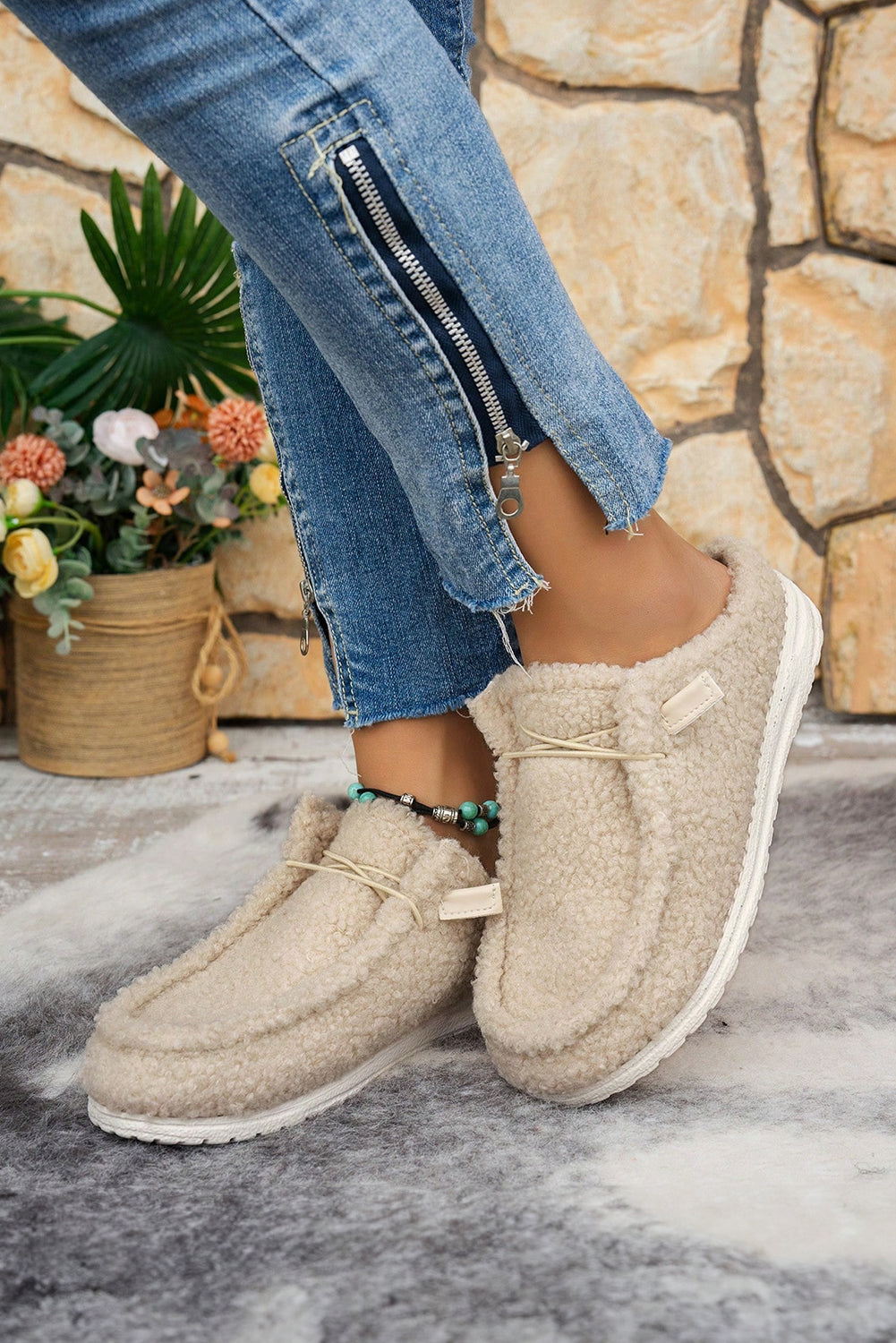 White Lace Up Detail Slip On Sherpa Shoes