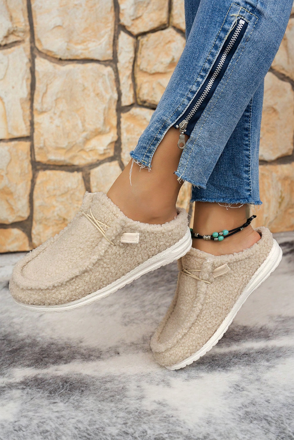 White Lace Up Detail Slip On Sherpa Shoes