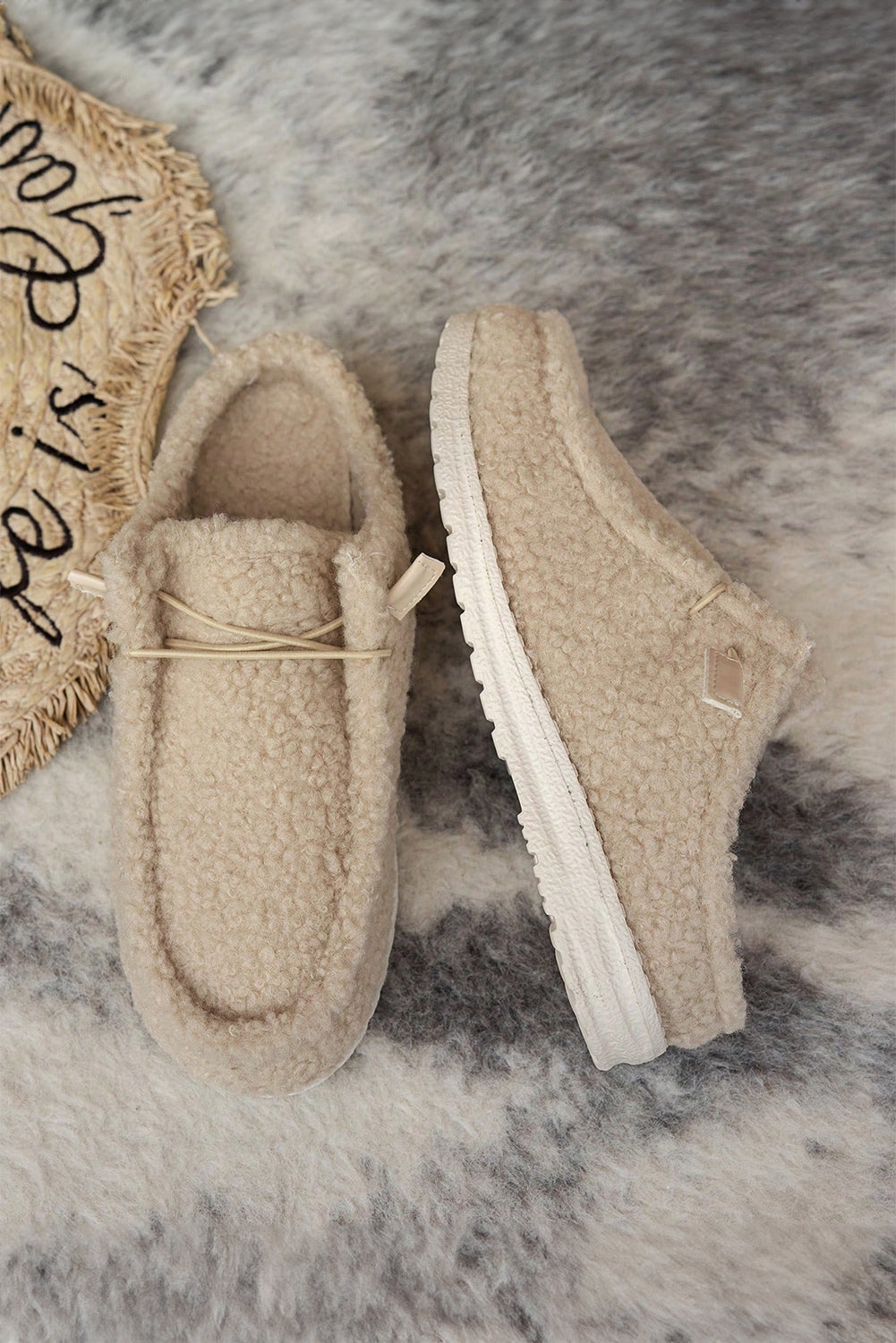 White Lace Up Detail Slip On Sherpa Shoes
