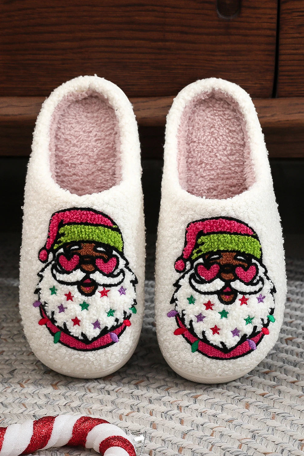 White Starry Santa Claus Pattern Christmas Plush Slippers