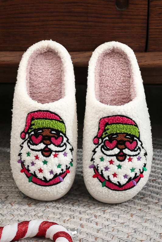 White Starry Santa Claus Pattern Christmas Plush Slippers