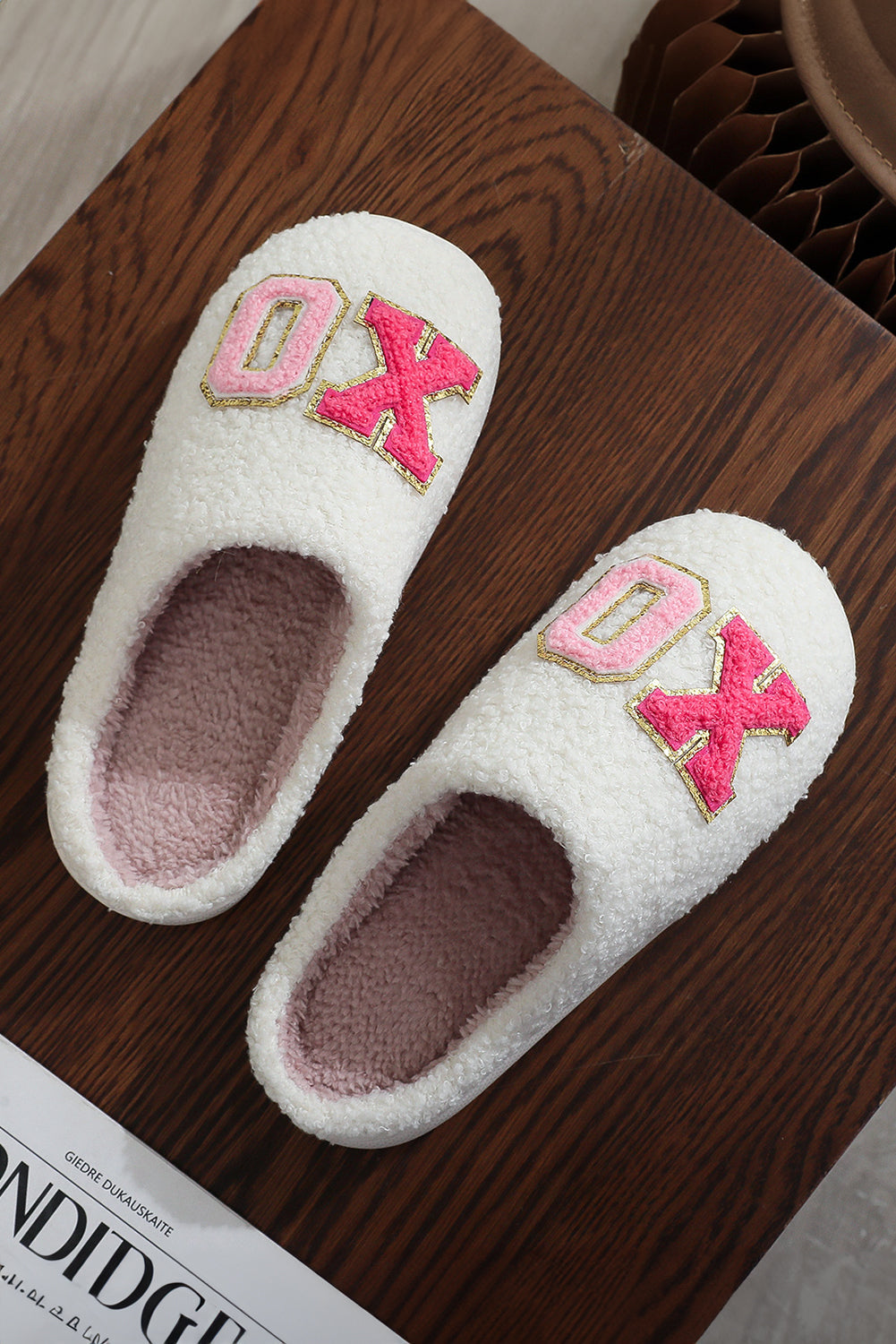 XO XO Glitter Trim Letter Patched Plush House Slippers